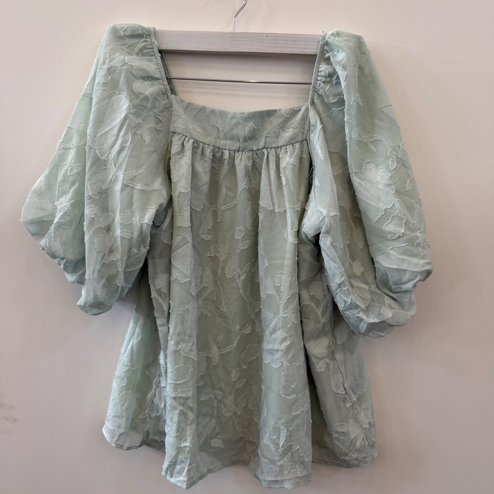 Sheer Puff Sleeve Square Neck Textured Blouse Mint Green Size Small